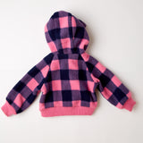Vintage OshKosh pink and purple and blue black Buffalo plaid fleece hoodie • size 12 months