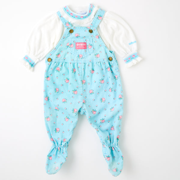 Vintage OshKosh turquoise corduroy footed romper with pink floral pattern and matching floral top size 6/9m