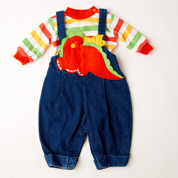 Vintage puffed dinosaur overalls and striped long sleeve shirt set • baby to 9 months