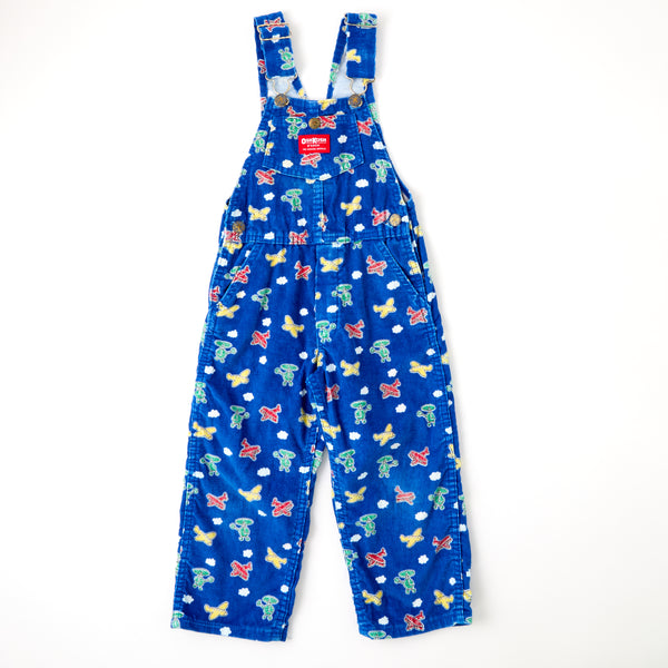 Vintage OshKosh airplane + helicopters color block AOP corduroy overalls - 4T