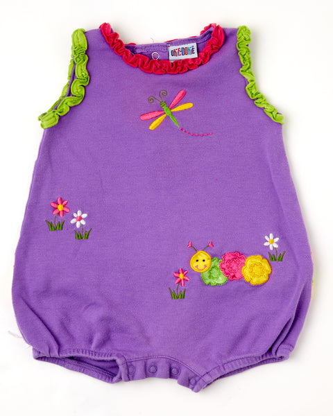 Vintage Okie Dokie color block caterpillar + dragonfly ruffle butt romper size 12m. Great vintage condition.
