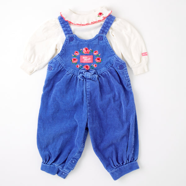 Vintage Baby B’Gosh chunky corduroy overalls with embroidered roses and matching top good to 12 months