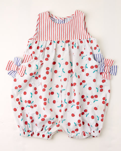 Vintage Just Friends brand cherry AOP bubble romper with striped fabric flowers size 4T!