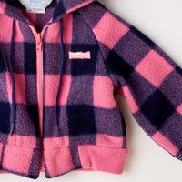 Vintage OshKosh pink and purple and blue black Buffalo plaid fleece hoodie • size 12 months