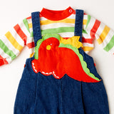 Vintage puffed dinosaur overalls and striped long sleeve shirt set • baby to 9 months