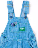 Vintage OshKosh green label overalls with light blue wash, plaid details + green stitching - 4T