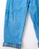 Vintage OshKosh green label overalls with light blue wash, plaid details + green stitching - 4T