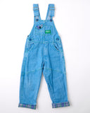 Vintage OshKosh green label overalls with light blue wash, plaid details + green stitching - 4T