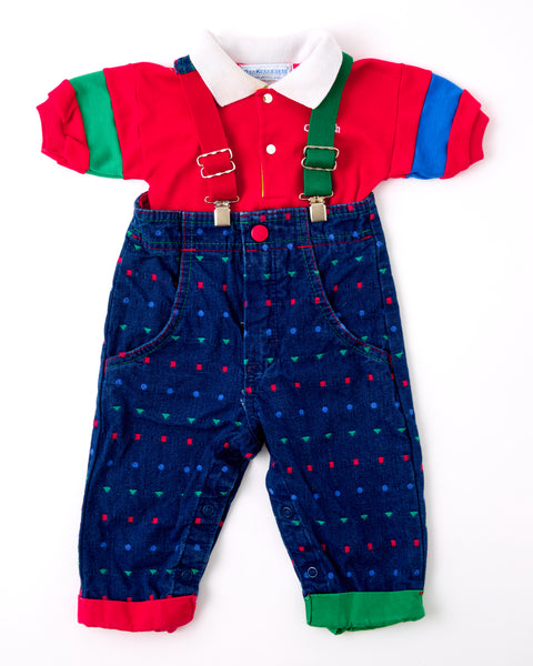 Vintage OshKosh color block geometric print suspender pant overalls + polo shirt - 3/6m up to 9m