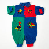 Vintage Baby B'Gosh Embroidered Hippo + Giraffe + Elephant Color Block Romper - 3/9m