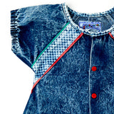 Vintage Denim Acid Wash Romper w/Checkered Accents + Red Enamel Snaps - 18m/2T