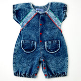 Vintage Denim Acid Wash Romper w/Checkered Accents + Red Enamel Snaps - 18m/2T