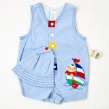 Vintage Headstock Color Block Sailor Bear Bubble Romper + Hat Set - 6/12m