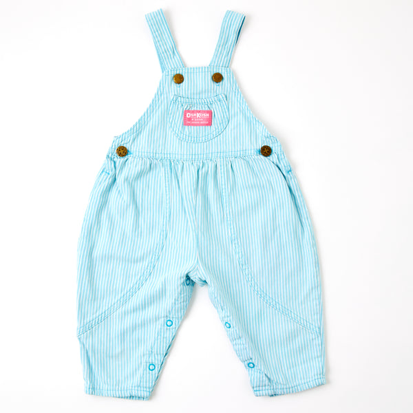 Vintage OshKosh teal engineer stripe bubble overalls with paper tag, 12/18 months