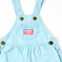 Vintage OshKosh teal engineer stripe bubble overalls with paper tag, 12/18 months
