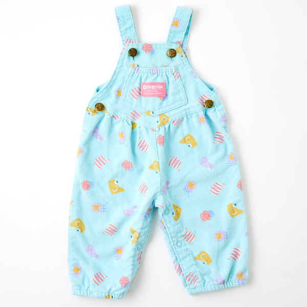 Vintage OshKosh polka dot + striped pastel Zoo Animals pleated front corduroy overalls, size 3/6 months