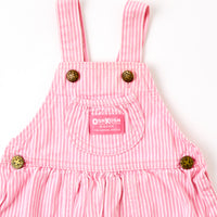 Vintage OshKosh pink engineer stripe bubble overalls on paper tag, 12 months