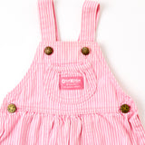 Vintage OshKosh pink engineer stripe bubble overalls on paper tag, 12 months