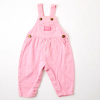 Vintage OshKosh pink engineer stripe bubble overalls on paper tag, 12 months