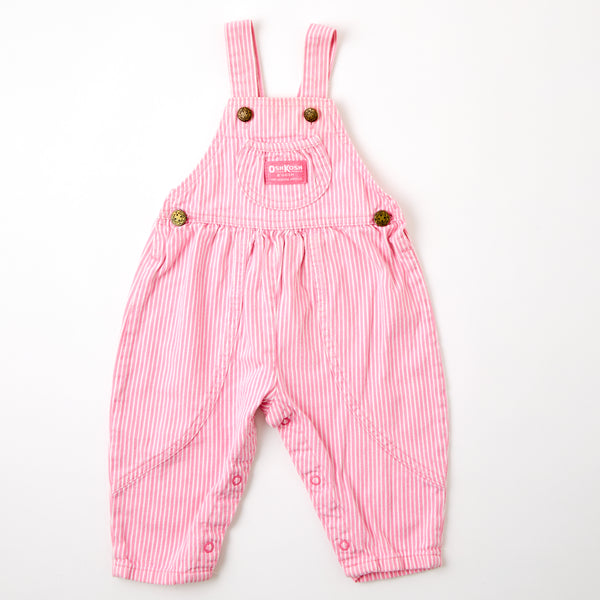 Vintage OshKosh pink engineer stripe bubble overalls on paper tag, 12 months