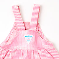 Vintage OshKosh pink engineer stripe bubble overalls on paper tag, 12 months
