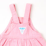 Vintage OshKosh pink engineer stripe bubble overalls on paper tag, 12 months