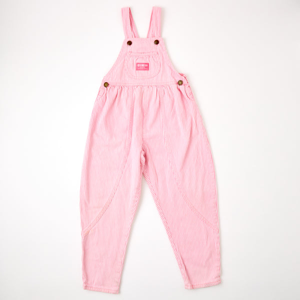 Vintage OshKosh pink engineer stripe bubble overalls on paper tag, size 6