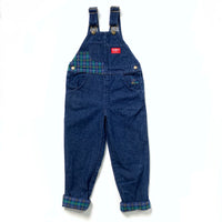 Vintage OshKosh red label dark blue overalls with plaid flannel details, size 5