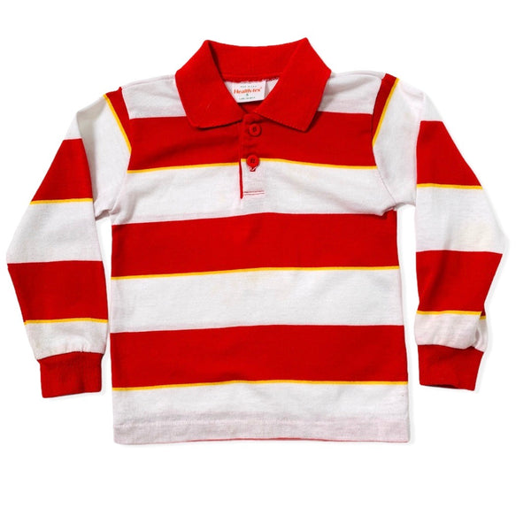 Vintage Health-tex red with yellow (Ronald McDonald look!) striped long sleeve polo, size 3/4T (14.75" sth)