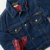 Vintage OshKosh dark wash denim jacket with plaid flannel lining · 2/3T