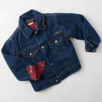 Vintage OshKosh dark wash denim jacket with plaid flannel lining · 2/3T