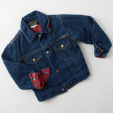 Vintage OshKosh dark wash denim jacket with plaid flannel lining · 2/3T