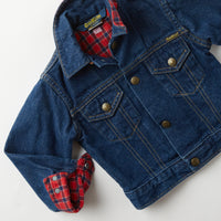 Vintage OshKosh dark wash denim jacket with plaid flannel lining · 2/3T