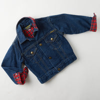 Vintage OshKosh dark wash denim jacket with plaid flannel lining · 2/3T