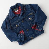 Vintage OshKosh dark wash denim jacket with plaid flannel lining · 2/3T