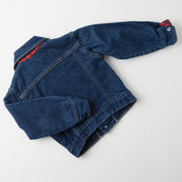 Vintage OshKosh dark wash denim jacket with plaid flannel lining · 2/3T