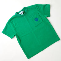 Vintage OshKosh green single stitch pocket tee with 90's blue triangle logo · Size 6
