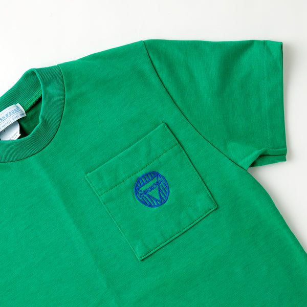 Vintage OshKosh green single stitch pocket tee with 90's blue triangle logo · Size 6
