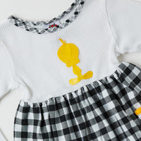 Vintage Tweety appliqué dress with ribbed top and plaid skirt • 3T