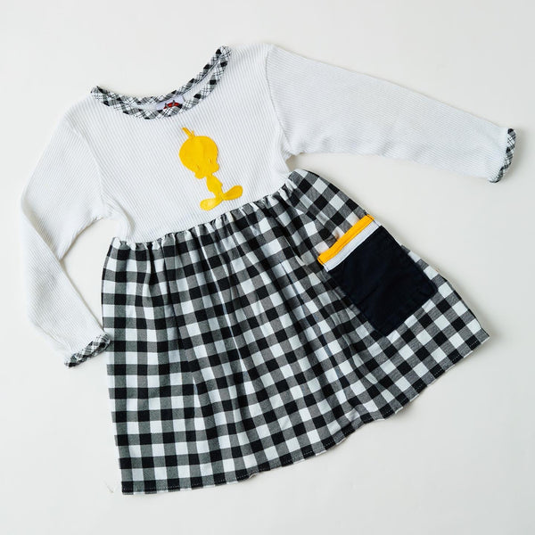 Vintage Tweety appliqué dress with ribbed top and plaid skirt • 3T